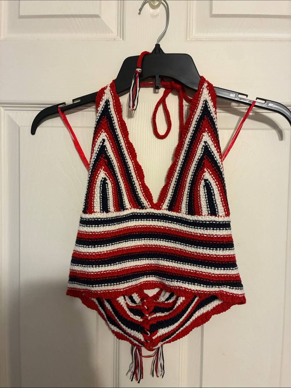 moon & madison Red, White and Navy Crochet Halter Crop Top